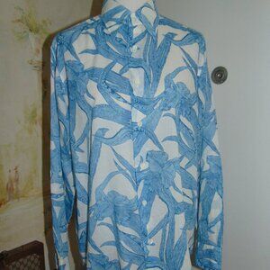 Theory Button Up Blouse Top Gauzy Soft Cotton Floral Blue Long Sleeve Medium M